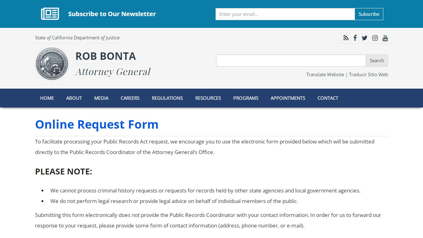 Online Request Form | State of California - Attorney General of California